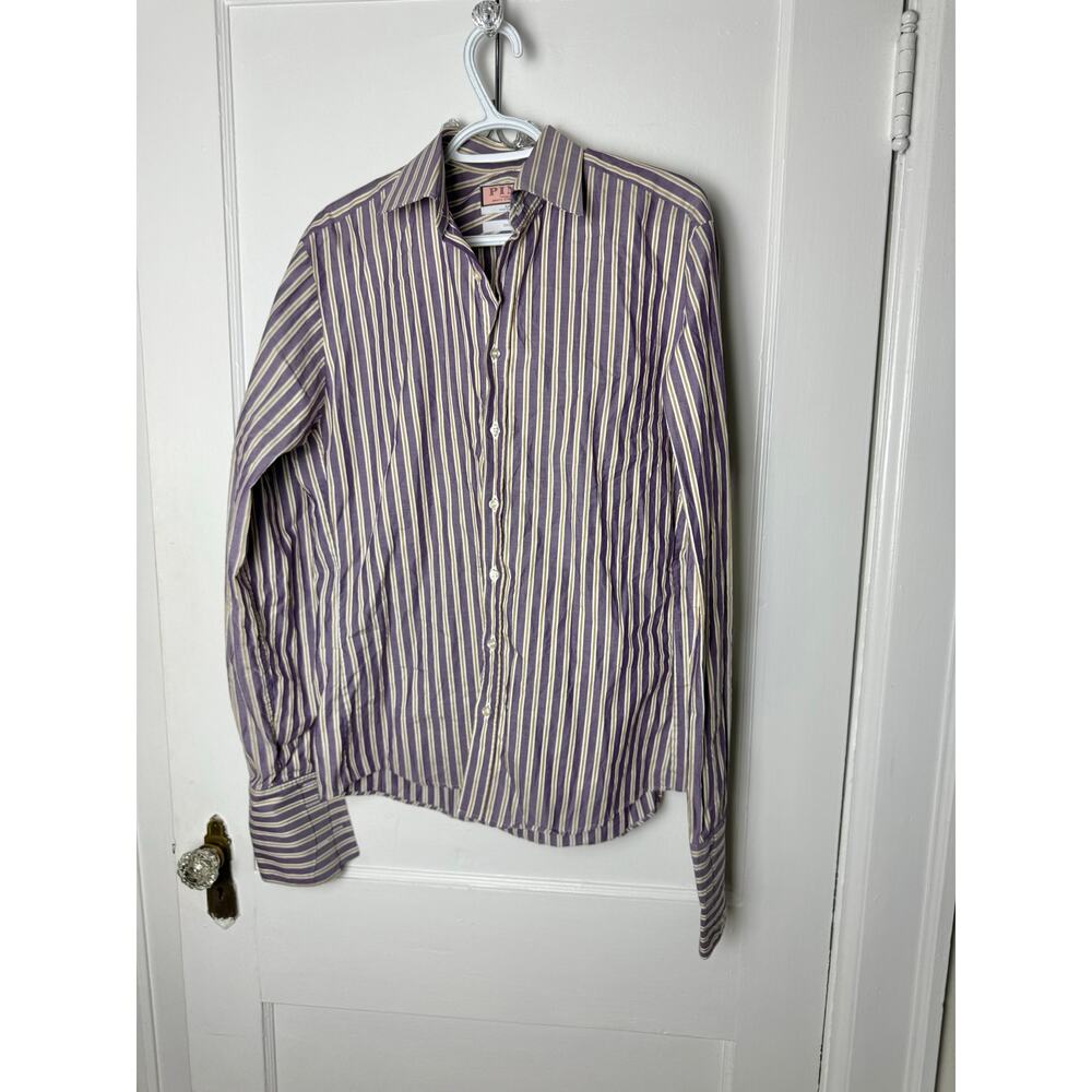 Thomas Pink Purple Yellow Big Stripe Slim Fit Dress Button Down Shirt Size 16